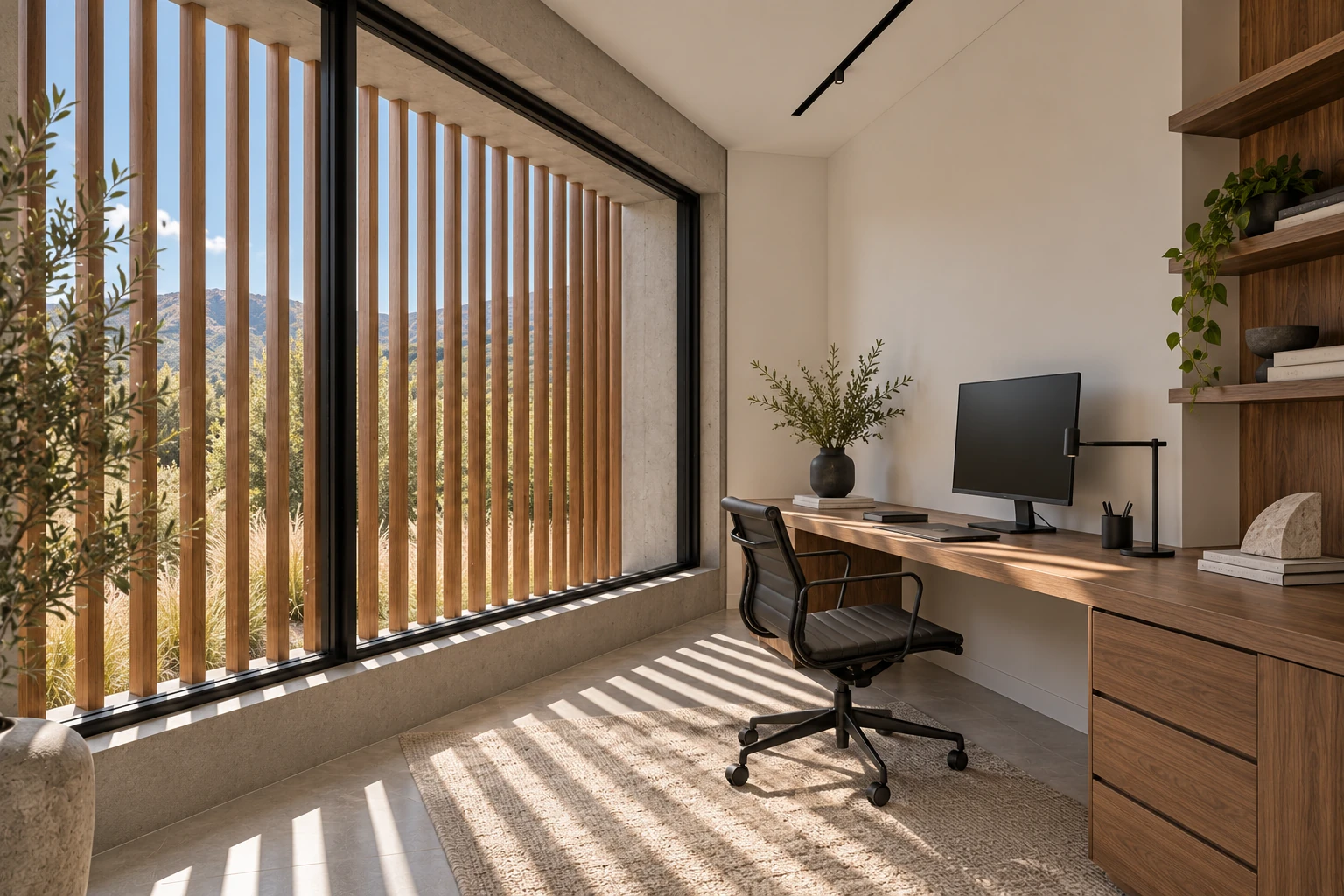 Casa Vano — Estudio con filtro de madera, visualización residencial conceptual de Estudio LAT